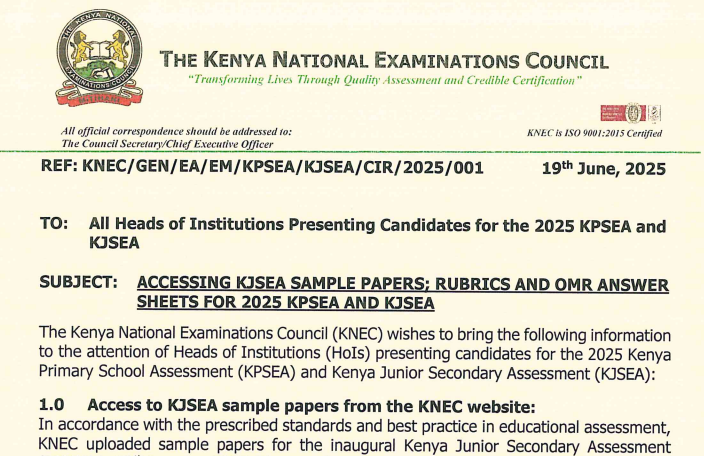 Knec circular to all schools with KPSEA and KJSEA candidates