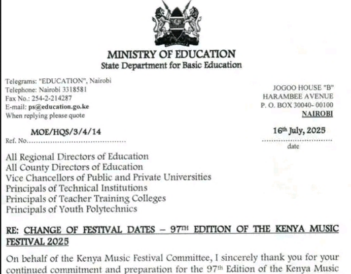 Ministry circular on change of dates of Kenya Music Festival 2025