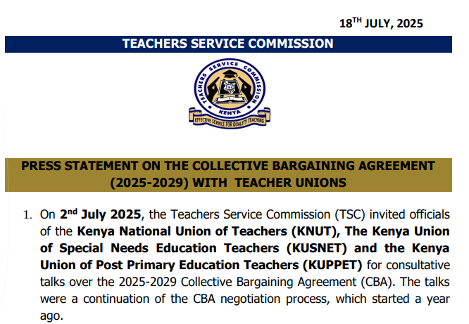 TSC press statement on CBA 2025 - 2029 with teacher unions