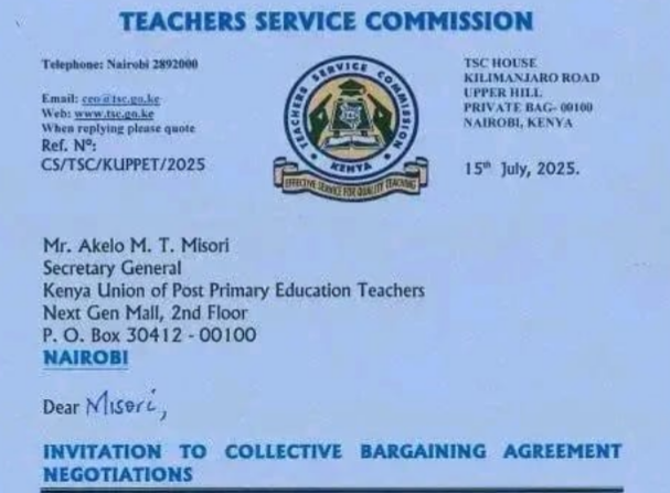 TSC invites teacher unions on 18th July for signing of CBA 2025-2029