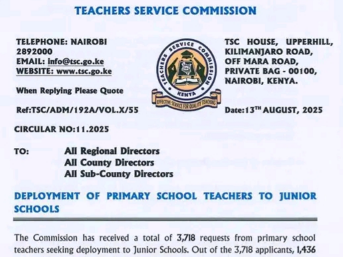 TSC circular: Guide for deploying primary school teachers to junior schools