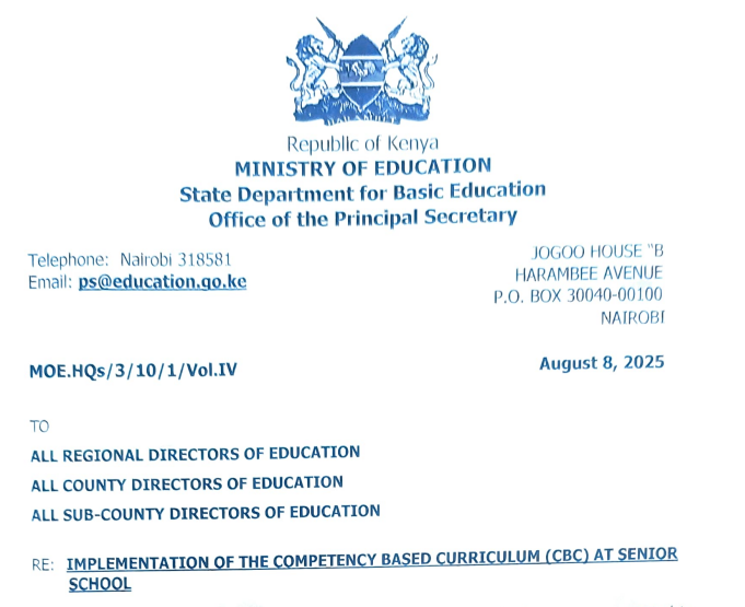 Ministry circular on implementation of CBE at senior school