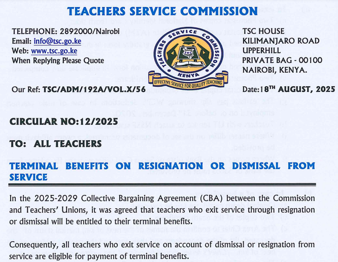TSC circular to all teachers: Terminal benefits on resignation or dismissal