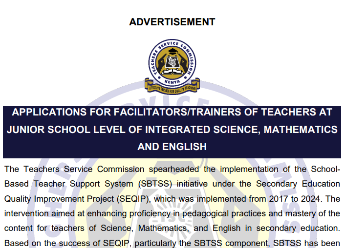 TSC circular inviting teachers for SBTSS training in junior schools, TTCs