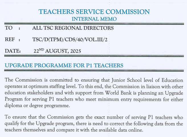 TSC circular: Roll out of upgrade for P1 teachers with degree & diploma