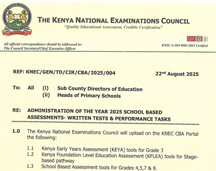 Knec circular: administration of 2025 SBA written tests Grade 3,4,5,7,8
