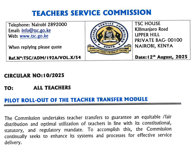 TSC circular: Pilot roll-out of the teacher transfer module