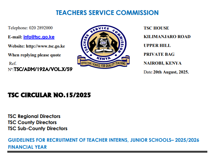 TSC circular: Guide for recruiting junior & senior intern teachers