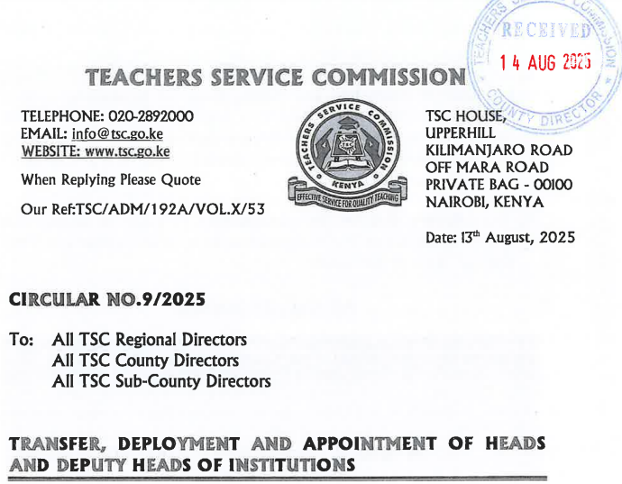 TSC circular: Guide for transfer and appointment of heads and deputy heads