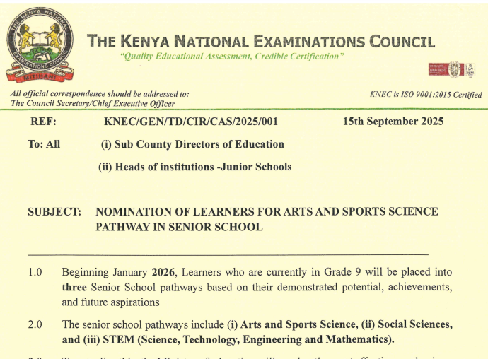 Knec circular: Nomination of Grade 9 learners to Arts & Sports by 17th Oct