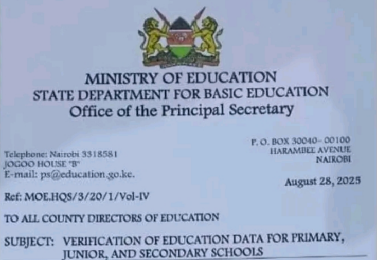 Ministry circular: Validation of schools data for KEMIS by 5th Sept.