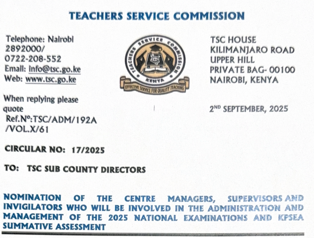 TSC circular: Nomination of 2025 KNEC invigilators and supervisors