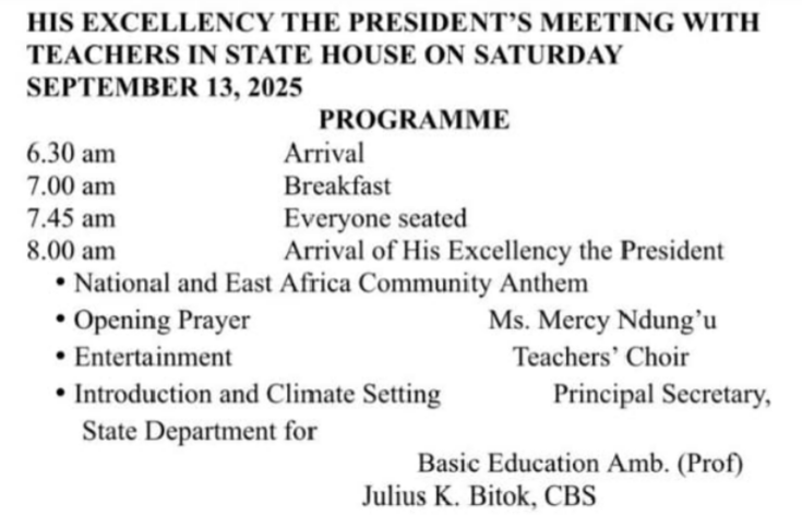 Programme of teachers State House meeting with President Ruto