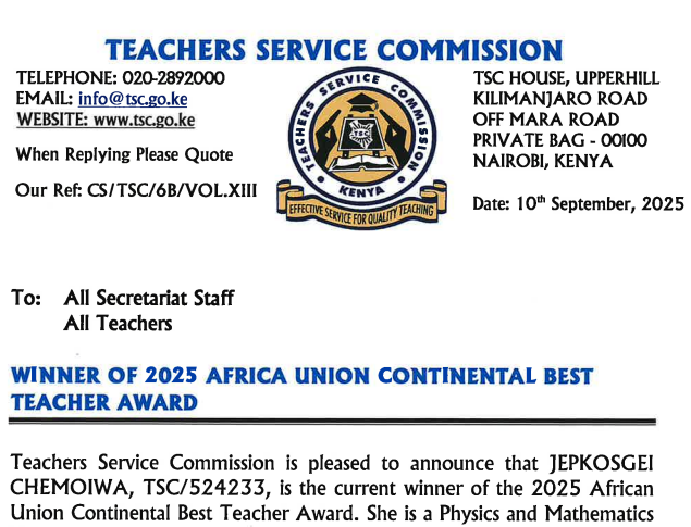 TSC Circular: Winner of 2025 Africa Union Continental Teacher Award