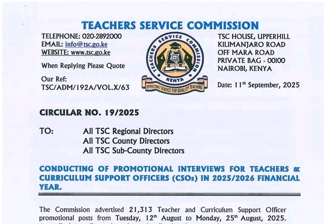 TSC circular guiding conduct of teacher October promotion interviews