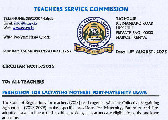 TSC Circular: 2 hour daily permission for lactating mother teachers