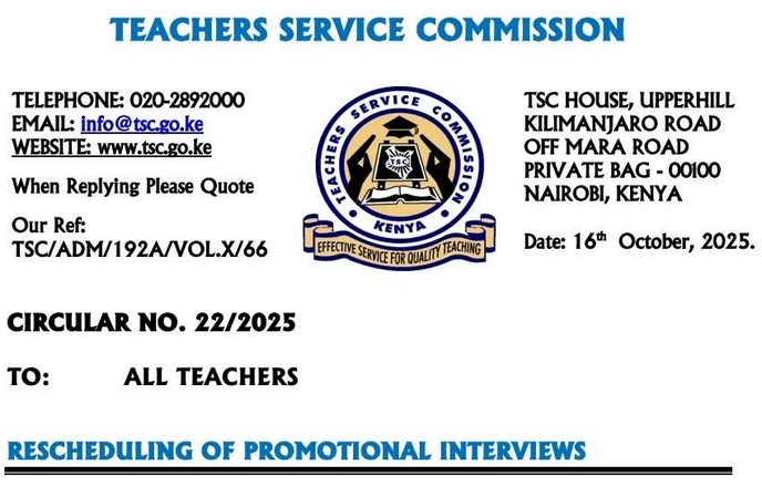 TSC Circular: Rescheduling of teacher promotion interview dates