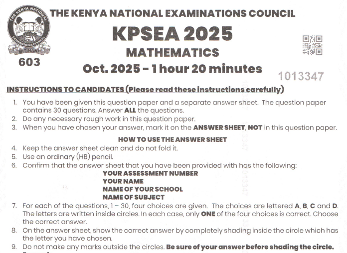 KPSEA 2025 Knec assessment papers with marking scheme