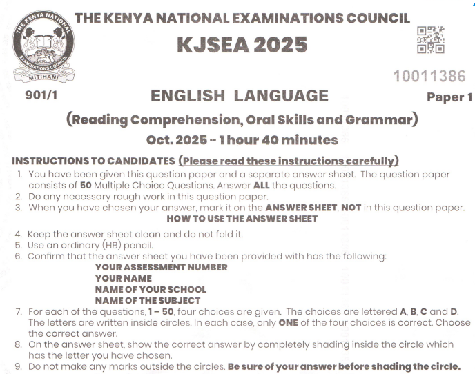 KJSEA 2025 Knec assessment papers with marking scheme