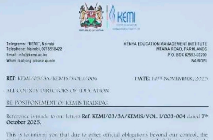Circular: Postponement of KEMI training for Headteachers & Principals