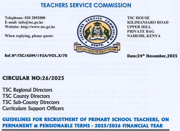 TSC guide for replacement of primary school teachers 2025/2026