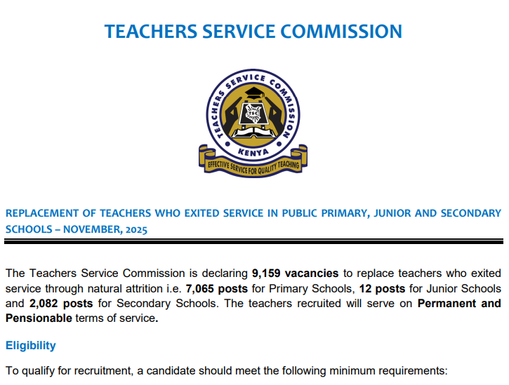 TSC advert replacement of 9,159 teachers Pry, JSS, Sec by 8th Dec.