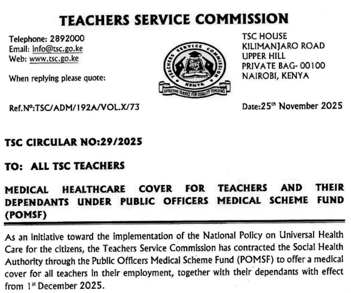 TSC circular: Medical cover for teachers and their dependants under POMSF