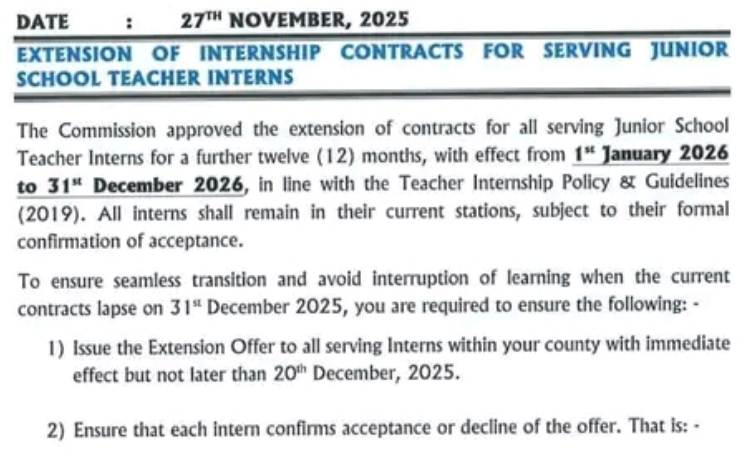 TSC circular: Extension of internship contracts for serving JSS intern teachers